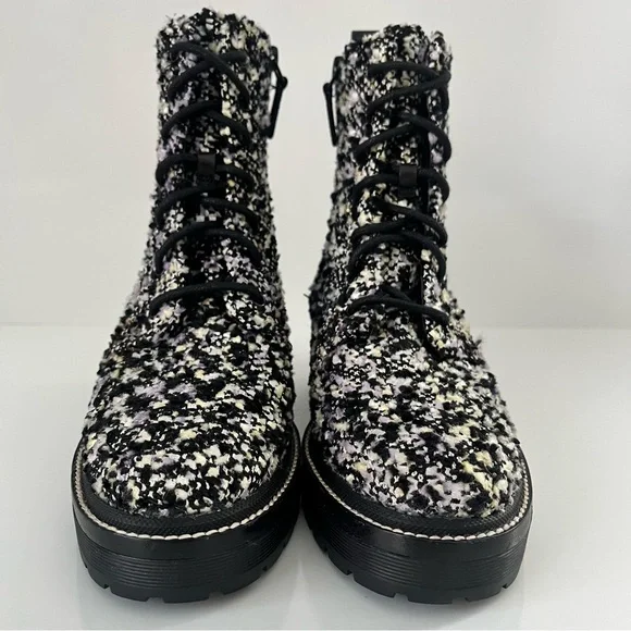 Tory Burch 50mm Tweed Lug Sole Combat Boots in Black/Multi - Picture 7 of 13